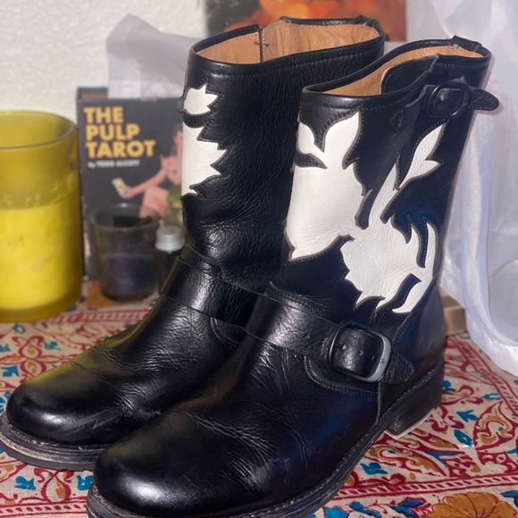 Frye Veronica Floral Black and White Leather Boots Women’s Moto - Picture 1 of 4